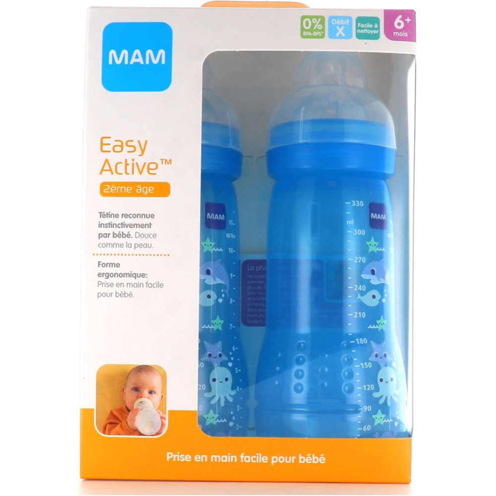 MAM Biberon Easy Active 2e âge - Bleu - 330ml - 6 mois et plus